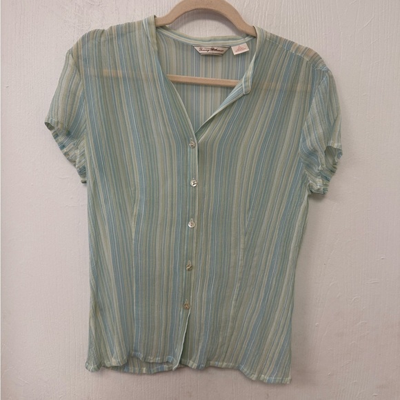 Tommy Bahama 100% Silk Sheer Striped Button-Down Top Green Size M - Picture 2 of 6